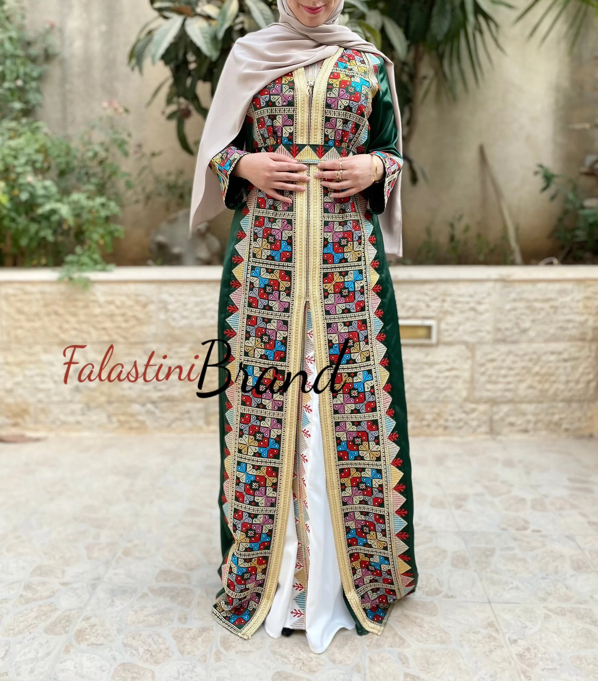 2 Pieces Moroccan Like Kaftan Dress with Palestinian Embroidery