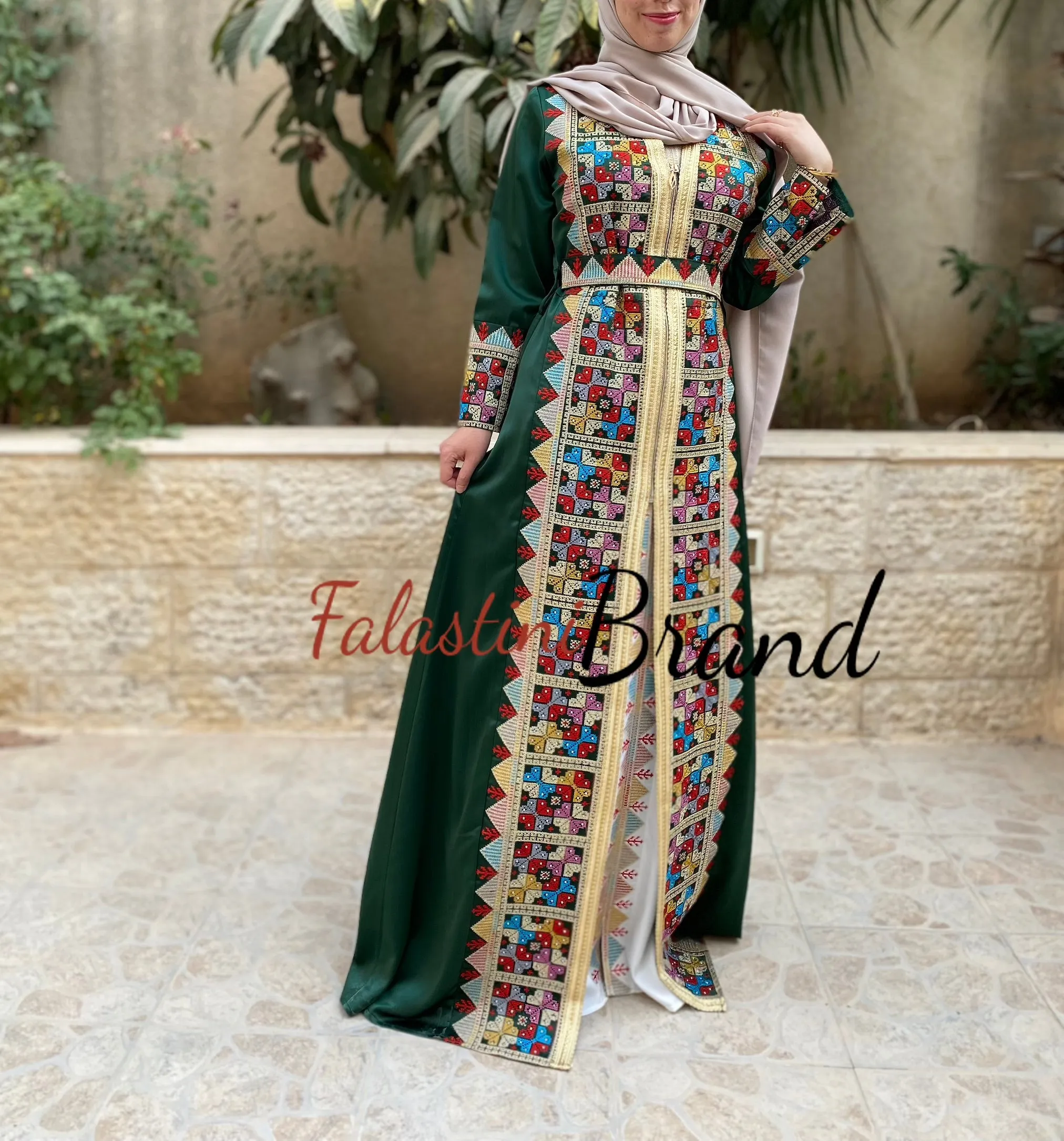 2 Pieces Moroccan Like Kaftan Dress with Palestinian Embroidery