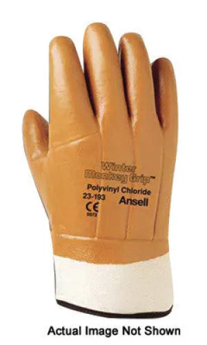 Ansell Size 10 Fluorescent Orange Winter Monkey Grip Jersey Lined Cold Weather Gloves With Wing Thumb, Knit Wrist, Vinyl Fully Coated And Foam Insulation