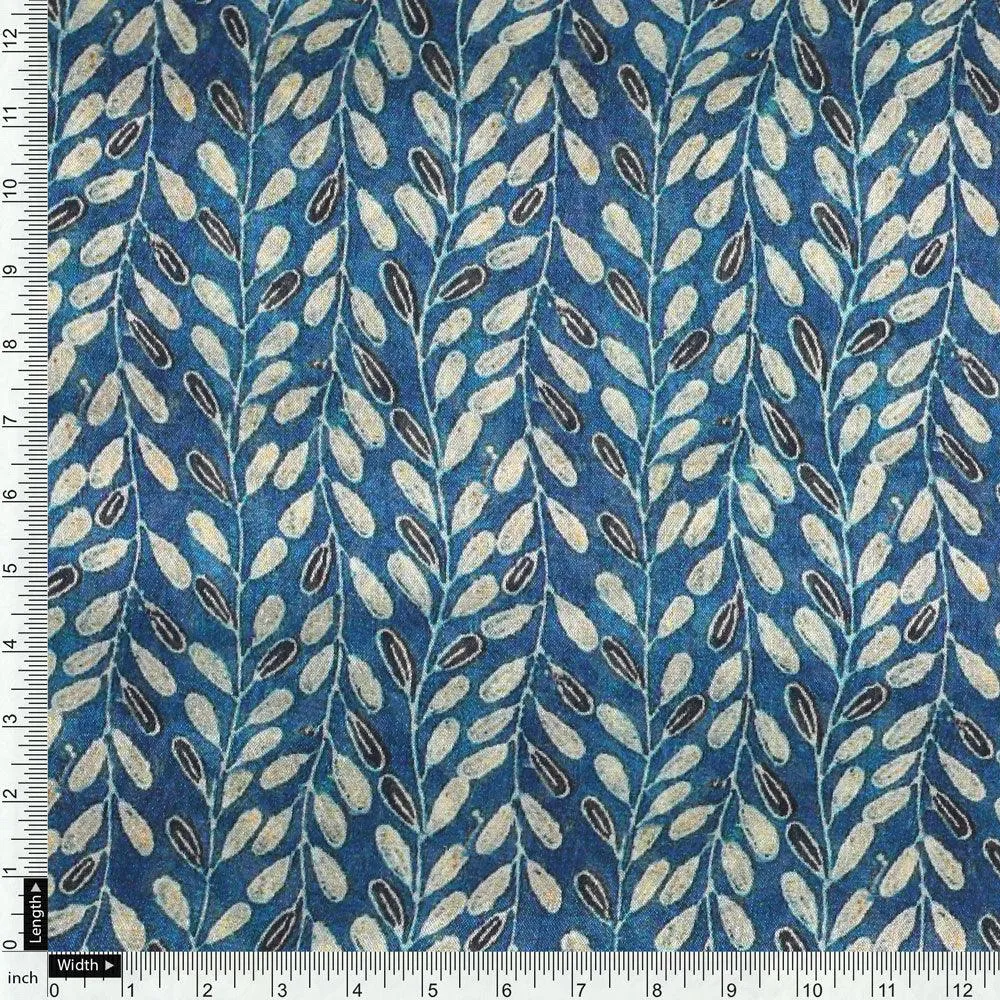 Beautiful Valley Of Leaves With Blue Digital Printed Fabric - Pure Chinon