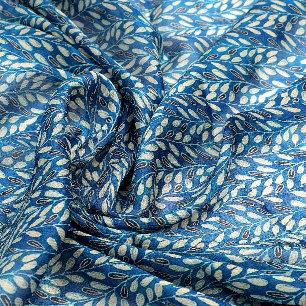 Beautiful Valley Of Leaves With Blue Digital Printed Fabric - Pure Chinon