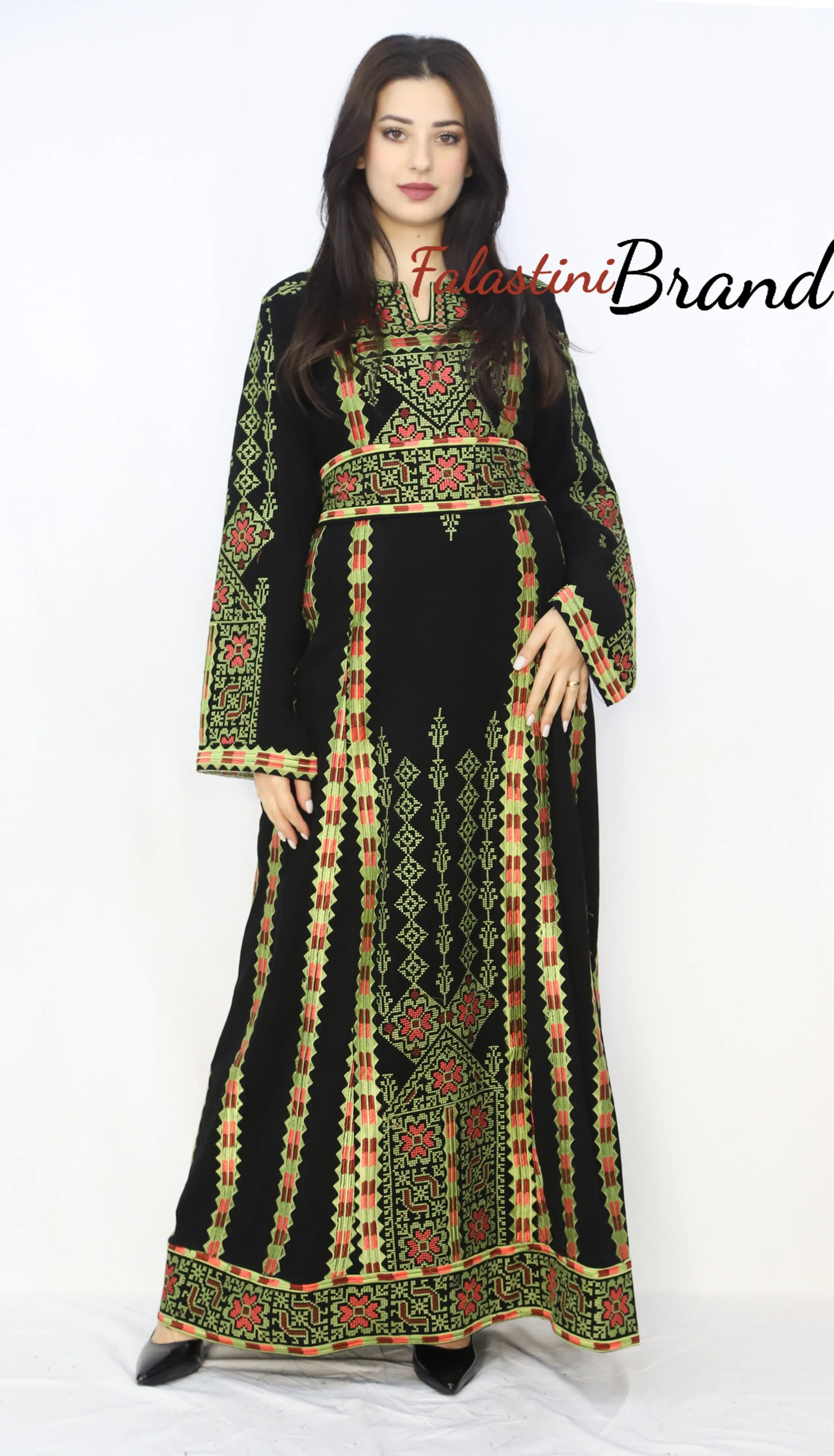 Black and Green Floral Palestinian Embroidered Thobe