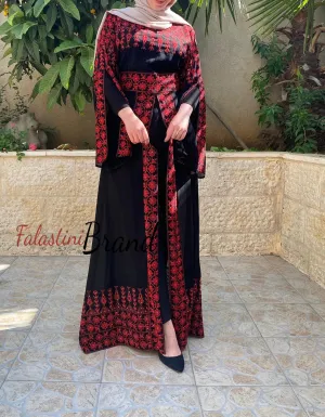 Black Elegant Split Skirt Two Pieces Thob Dress with Red Embroidery