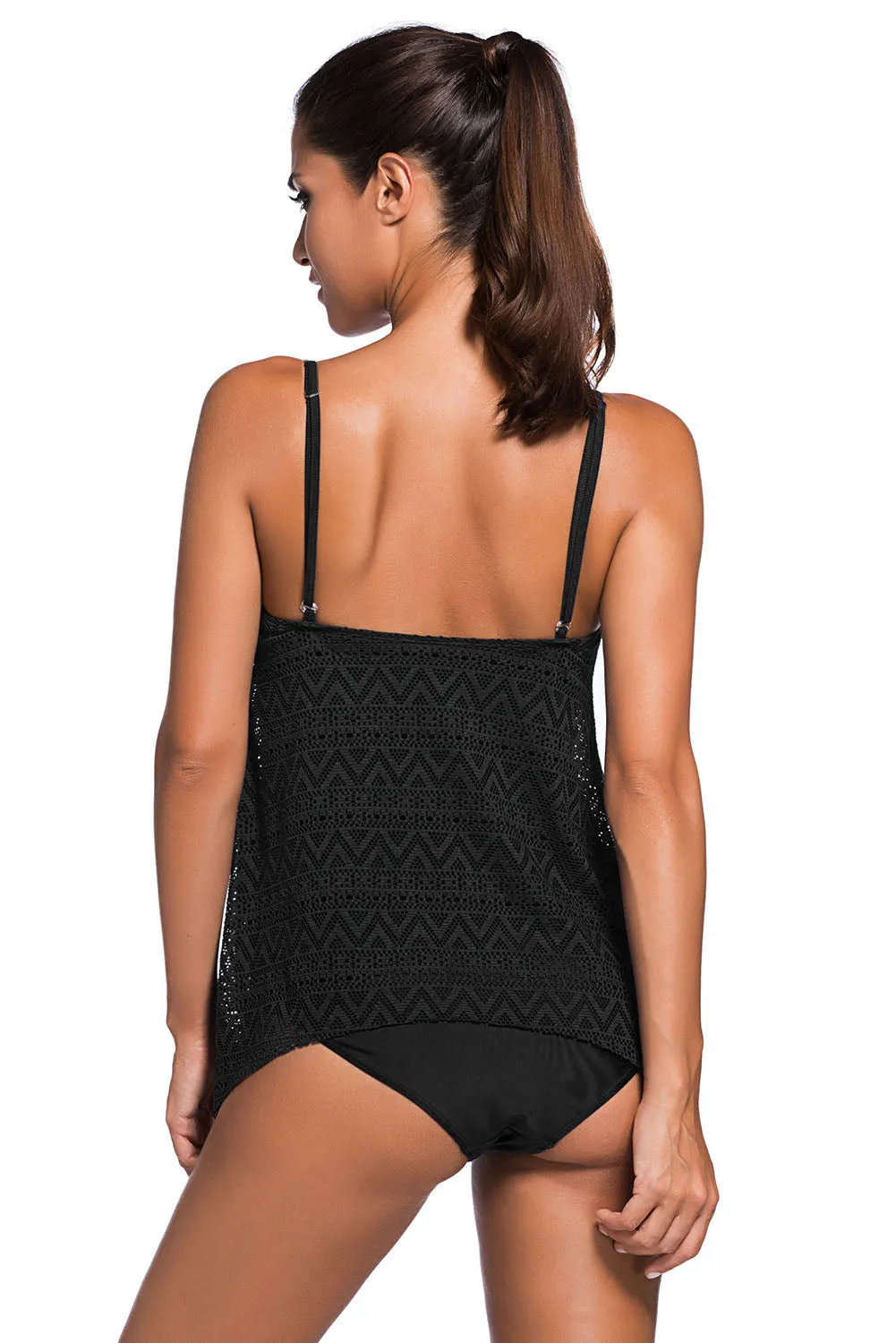 Black Swimsuit Tankini with Lace Overlay