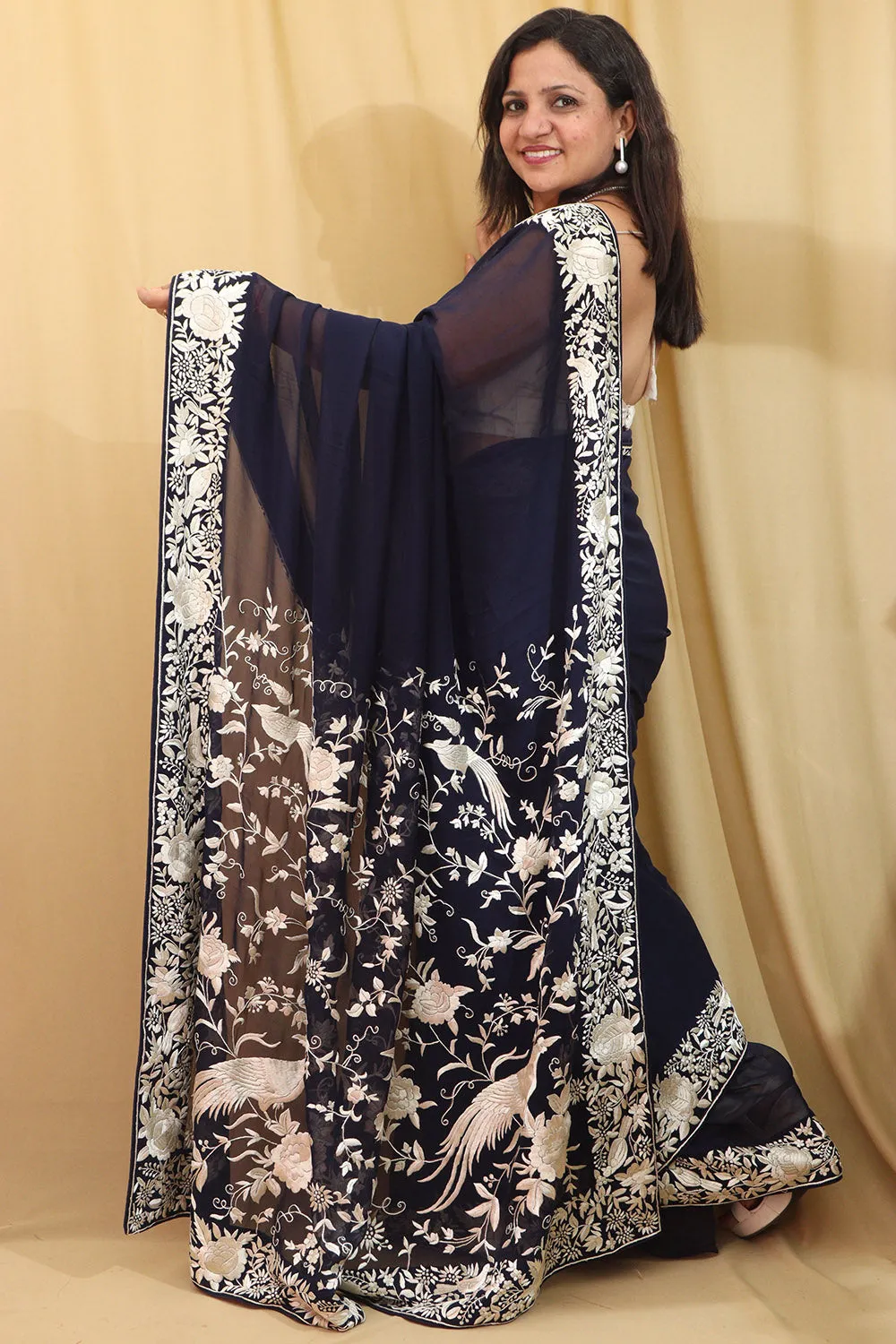 Blue Hand Embroidered Parsi Gara Pure Georgette Saree