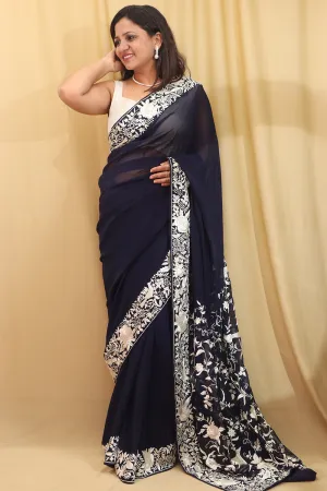 Blue Hand Embroidered Parsi Gara Pure Georgette Saree