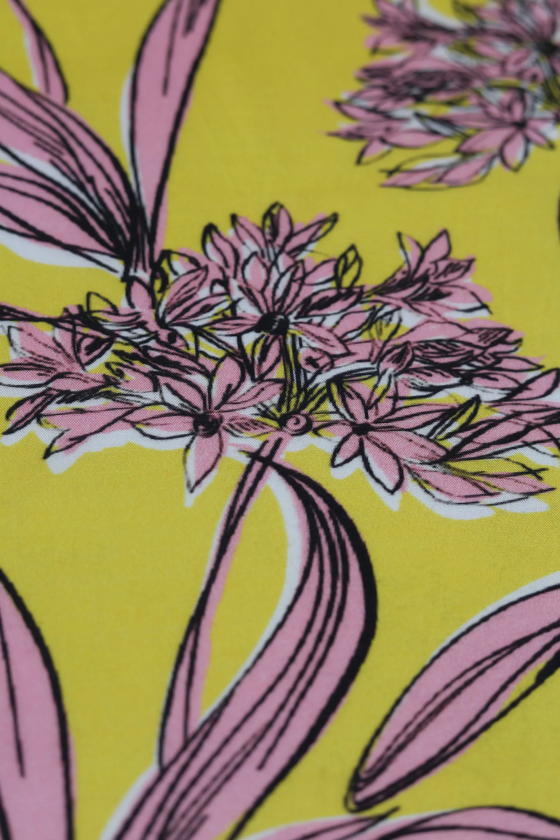 Bright Yellow Pink Floral Pattern Printed Natural Muslin Silk Fabric