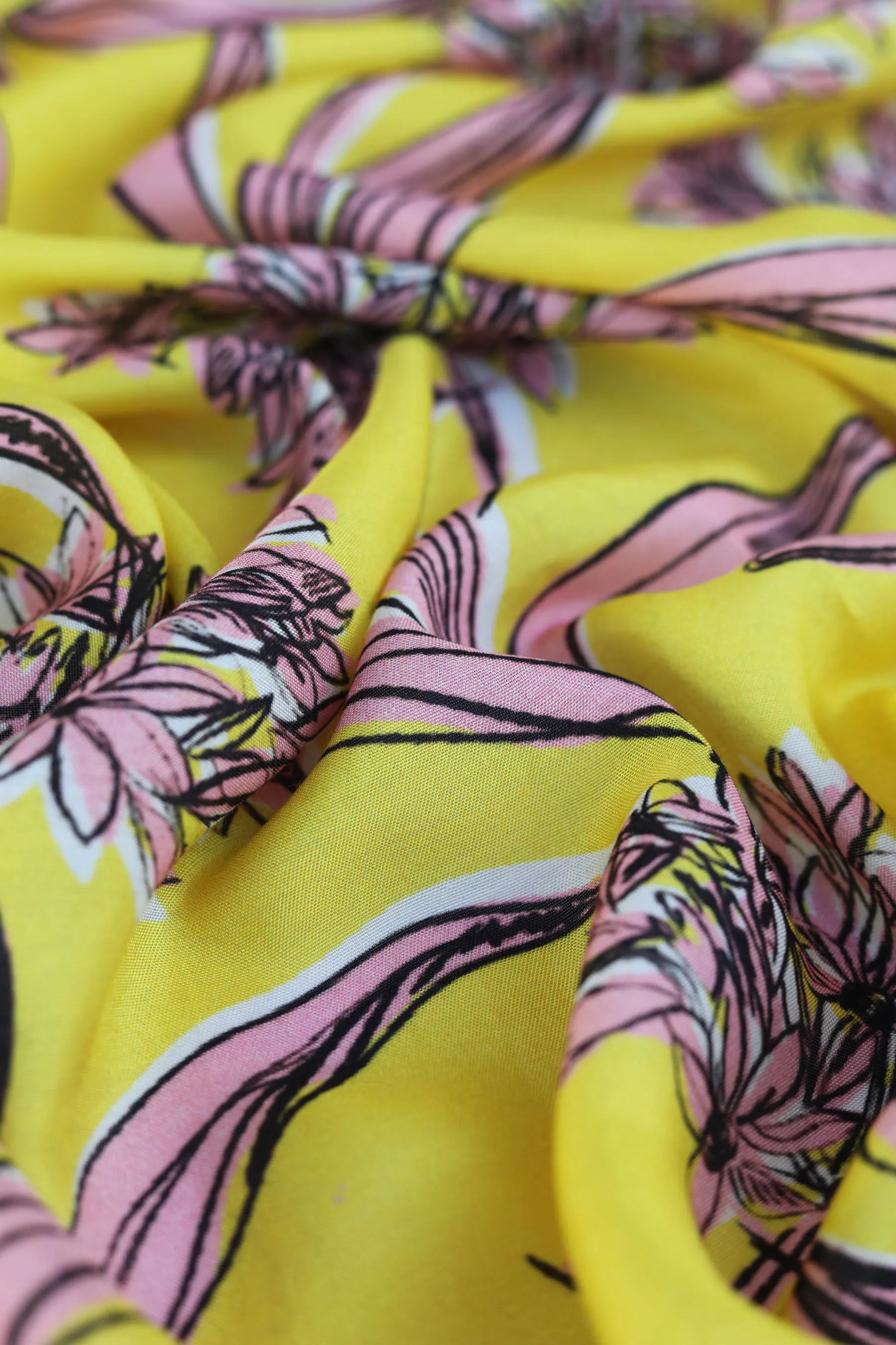 Bright Yellow Pink Floral Pattern Printed Natural Muslin Silk Fabric