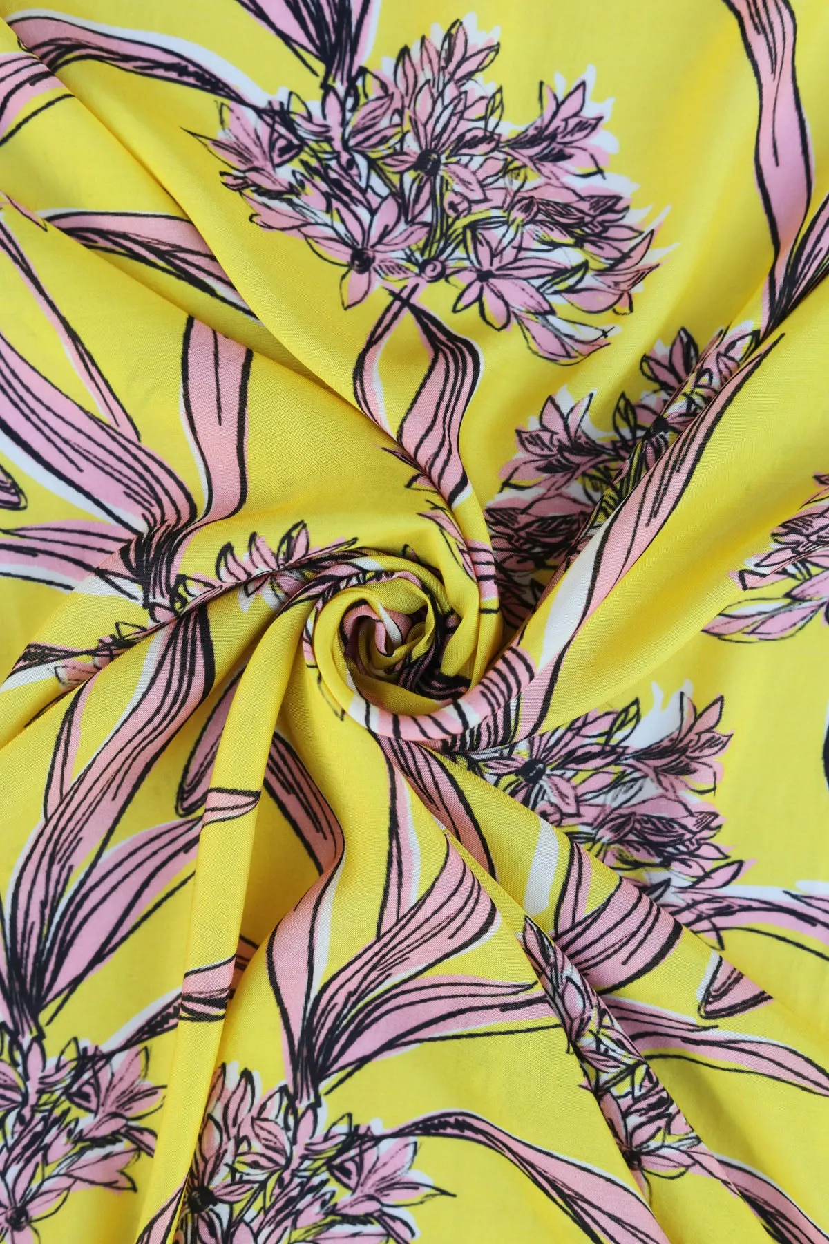 Bright Yellow Pink Floral Pattern Printed Natural Muslin Silk Fabric