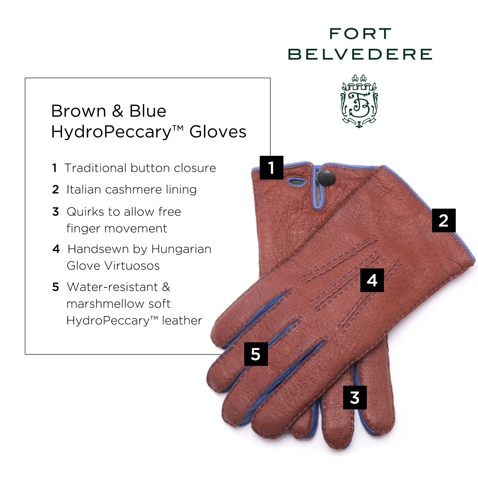 Brown & Blue Cashmere Lined Peccary Gloves