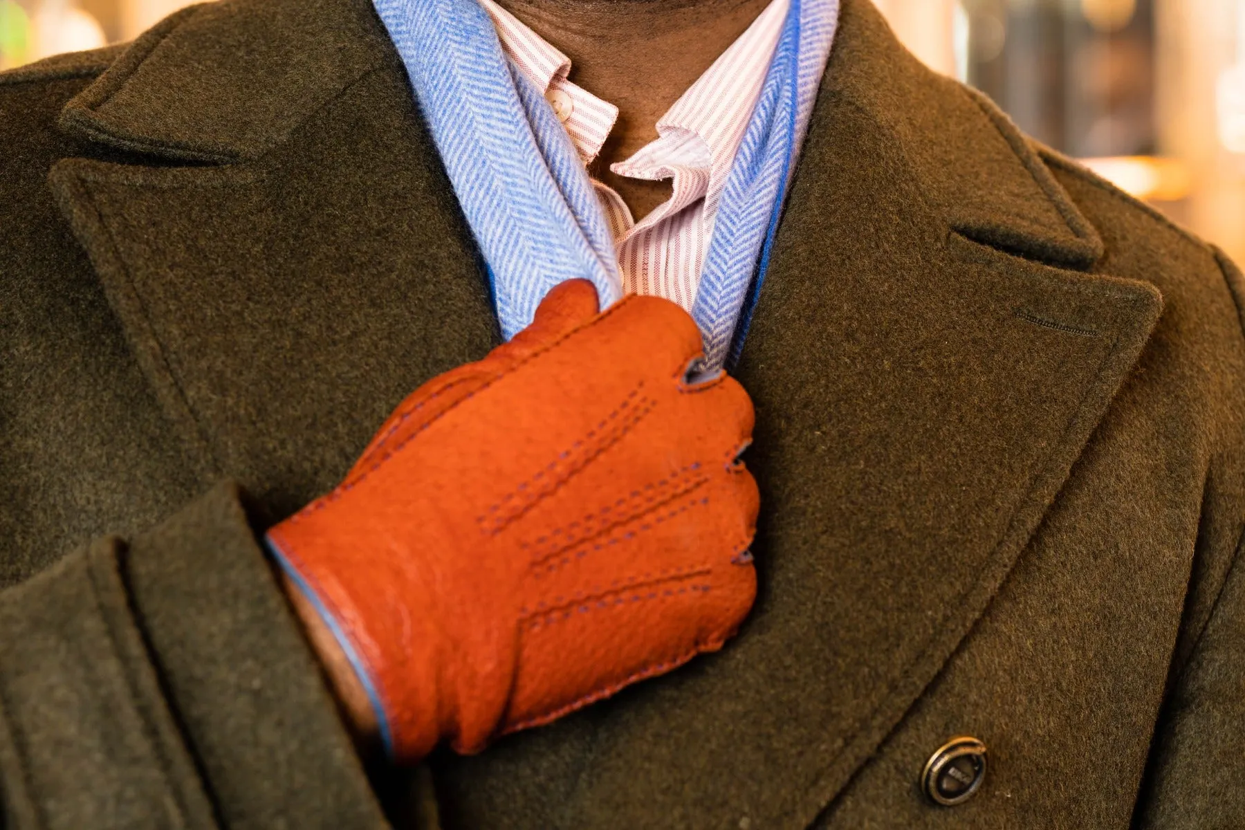 Brown & Blue Cashmere Lined Peccary Gloves