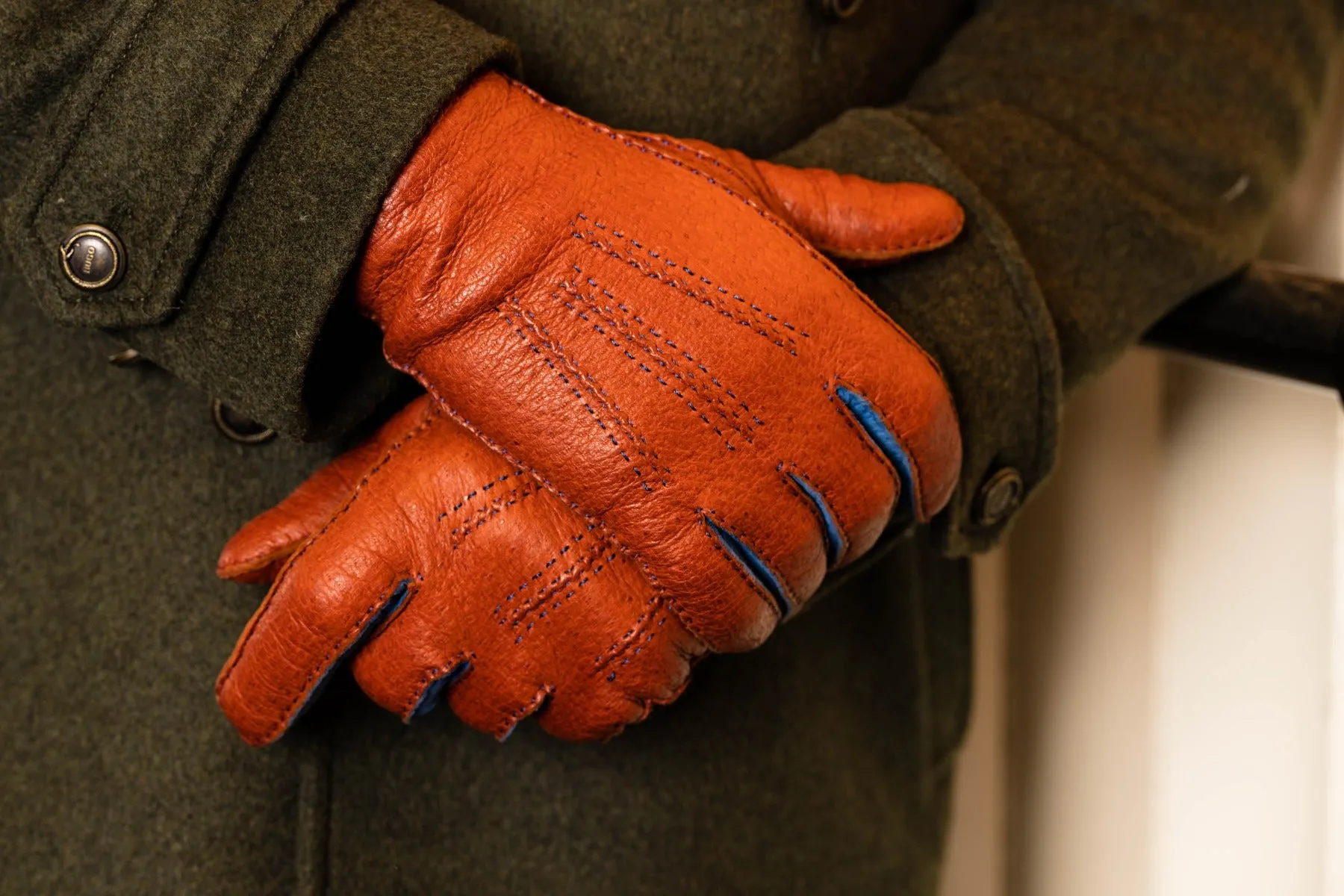 Brown & Blue Cashmere Lined Peccary Gloves