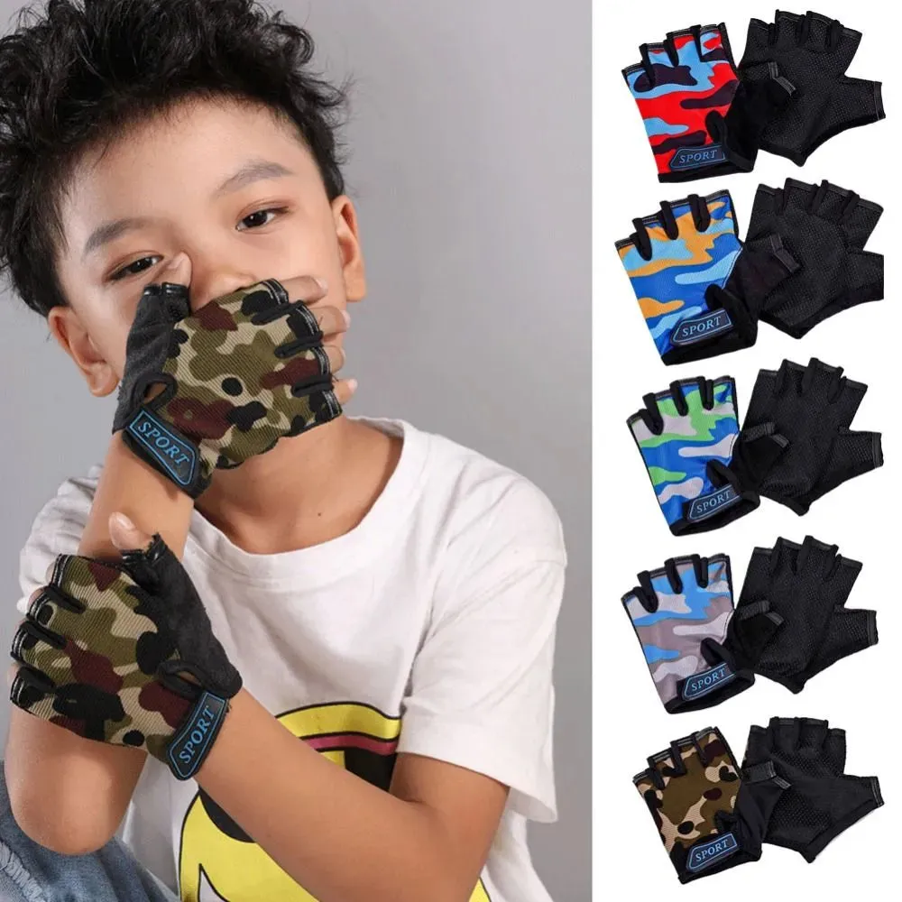 Children Cycling Gloves Half Finger Bicycle Gloves High Elastic Non-slip Bike Gloves Camouflage Bike Gloves Riding Mittens