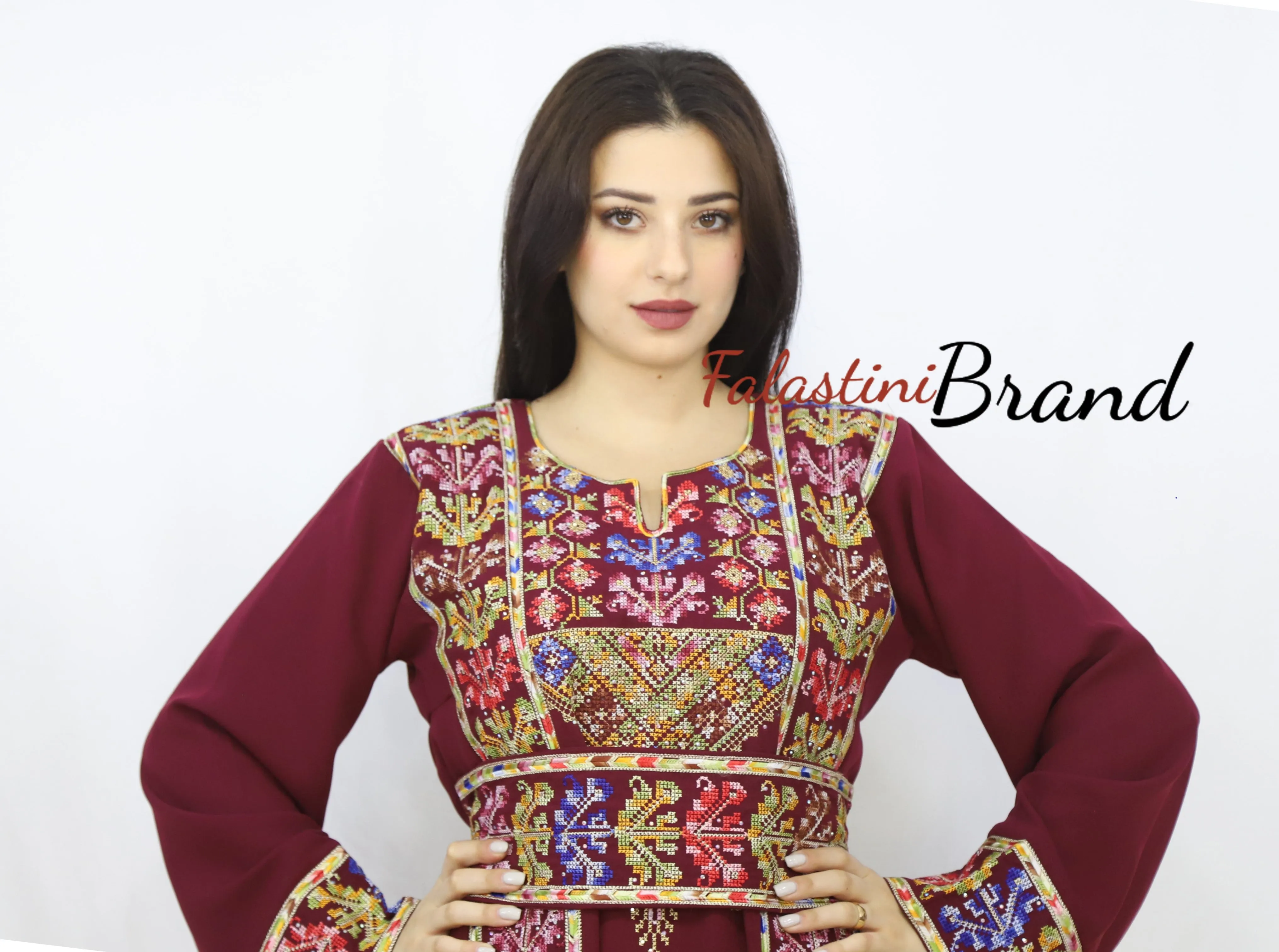 Classy Burgundy Palestinian Embroidered Thobe Dress With Multicolored Embroidery