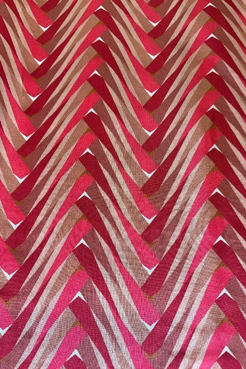 Deep Onion Pink Abstract Herringbone Pattern Printed Natural Muslin Silk Fabric