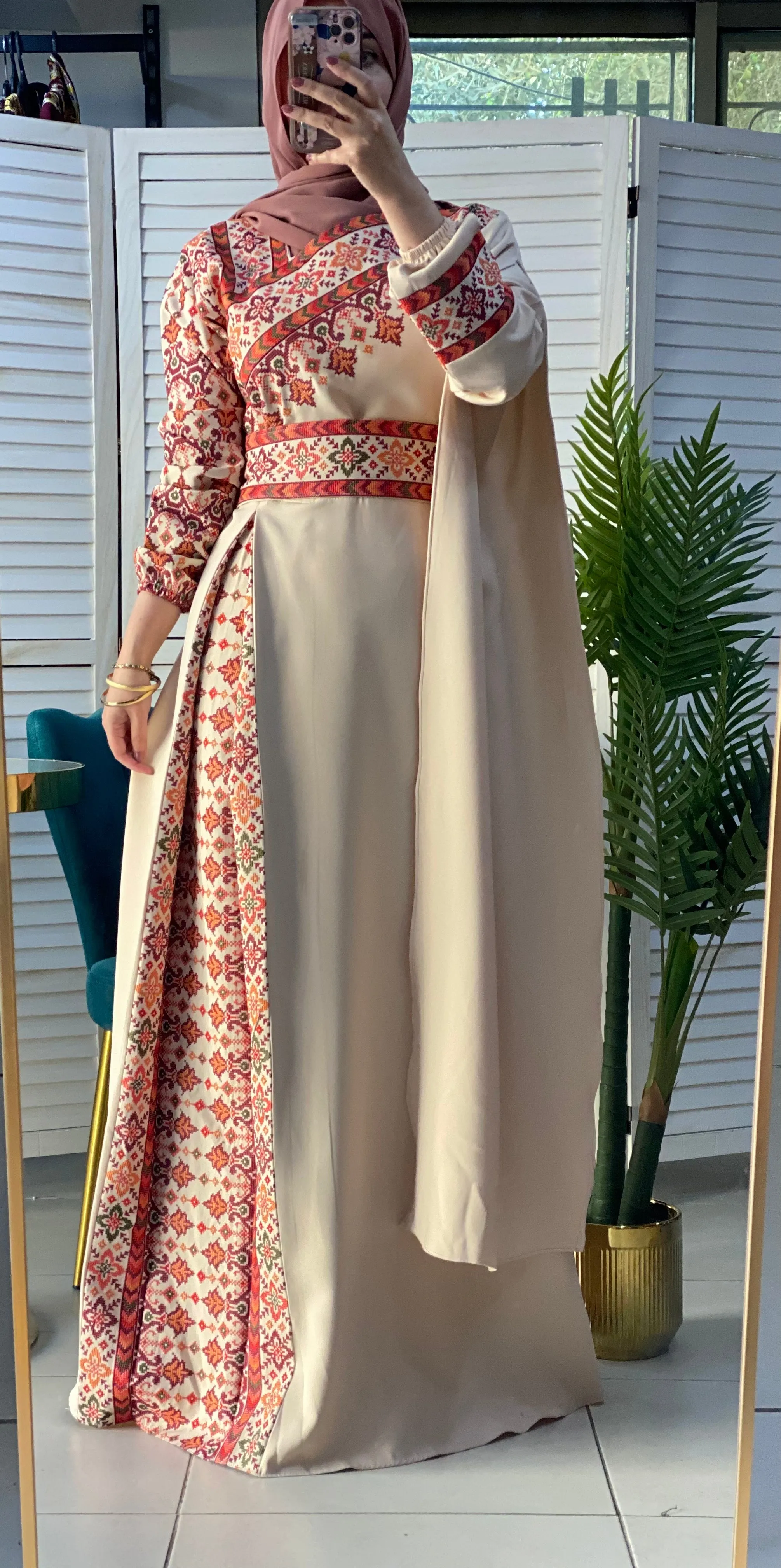 Elegant Beige and Melon Shoulder Details Embroidered Dress