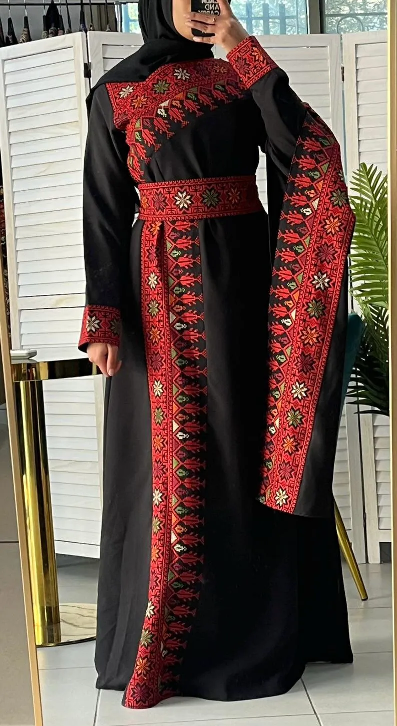 Elegant Black and Red Shoulder Details Embroidered Dress with colorful flowers