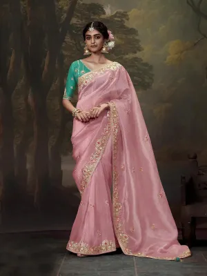 Elegant Light Pink  Embroidered Fancy Saree