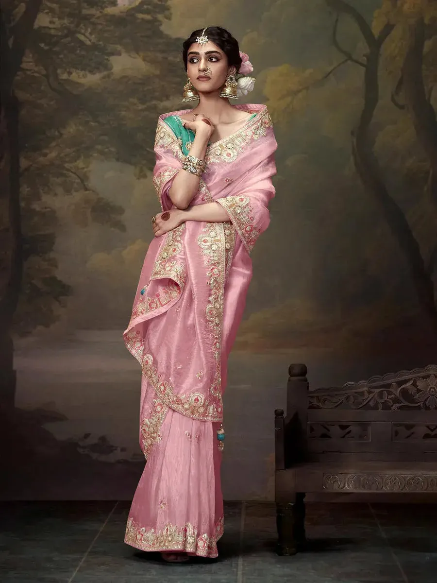 Elegant Light Pink  Embroidered Fancy Saree