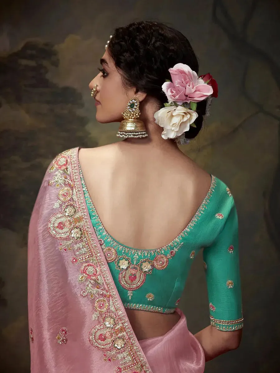 Elegant Light Pink  Embroidered Fancy Saree