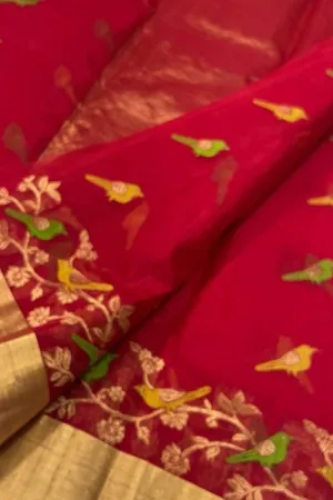 Elegant Red Chanderi Handloom Pure Katan Silk Saree