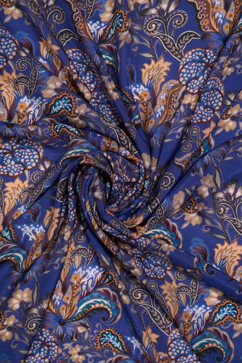 Exotic Navy Floral Pattern Printed Natural Muslin Silk Fabric