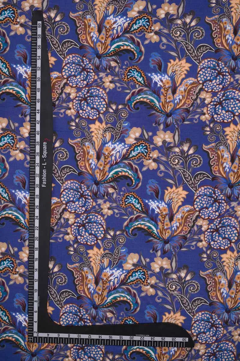 Exotic Navy Floral Pattern Printed Natural Muslin Silk Fabric