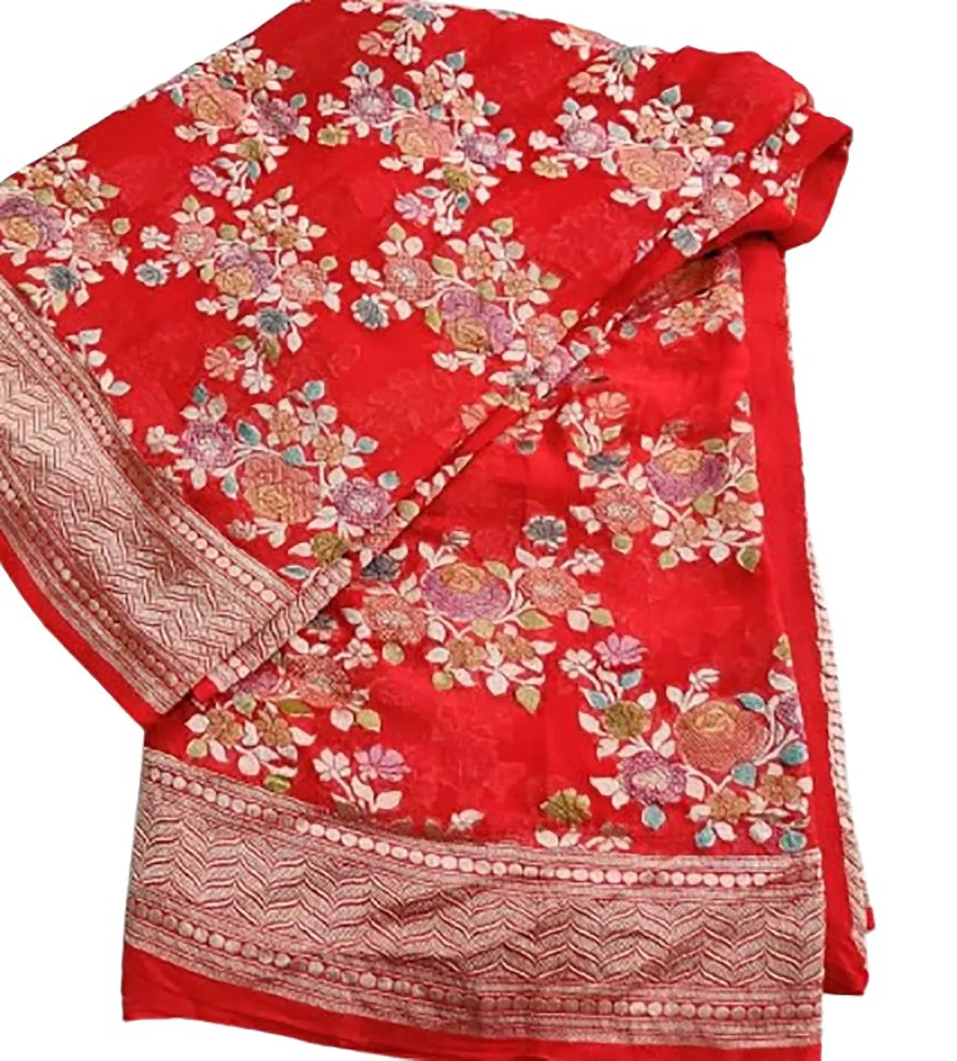 Exquisite Red Handloom Banarasi Pure Georgette Brush Dye Saree