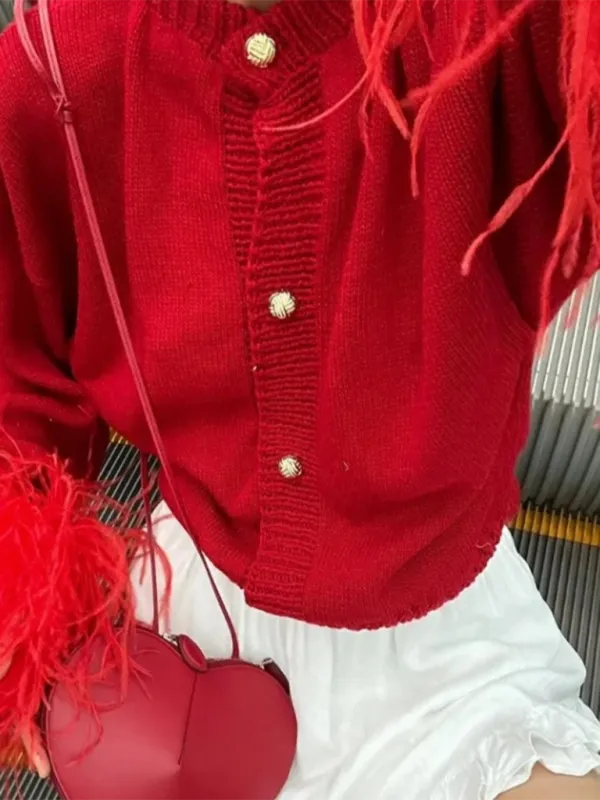 Feather-Cuffed Sweater Elegant Cardigan