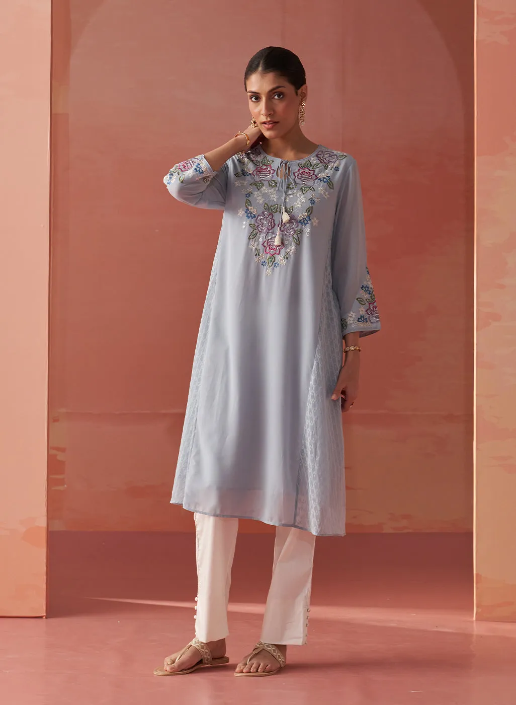 Firdaus Blue Mist Embroidered Georgette Designer Long Kurta for Women