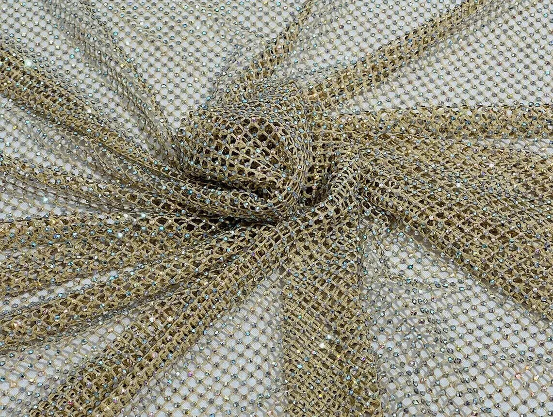 Fish Net Spandex Iridescent Rhinestone Fabric - Spandex Fish Net Rhinestones Fabric Sold by Yard