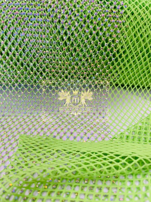 Fish Net Spandex Iridescent Rhinestone Fabric - Spandex Fish Net Rhinestones Fabric Sold by Yard