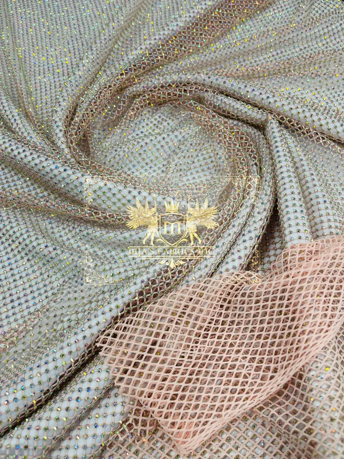 Fish Net Spandex Iridescent Rhinestone Fabric - Spandex Fish Net Rhinestones Fabric Sold by Yard