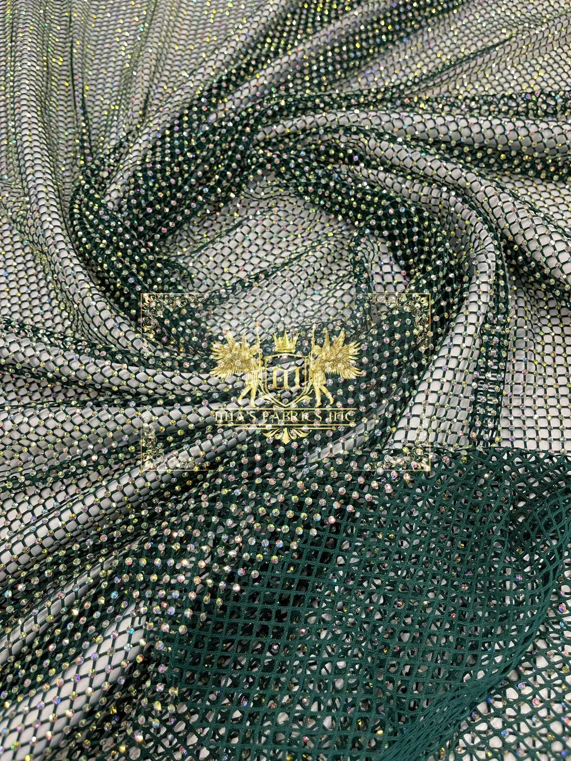 Fish Net Spandex Iridescent Rhinestone Fabric - Spandex Fish Net Rhinestones Fabric Sold by Yard