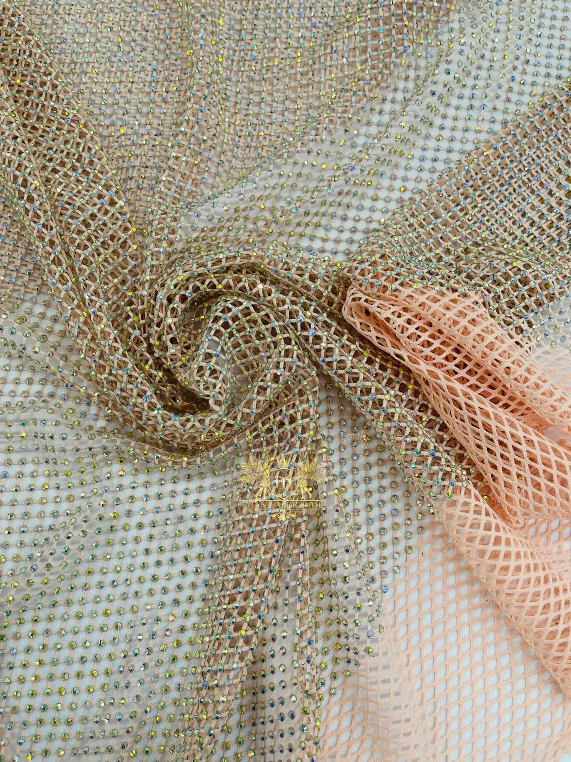 Fish Net Spandex Iridescent Rhinestone Fabric - Spandex Fish Net Rhinestones Fabric Sold by Yard