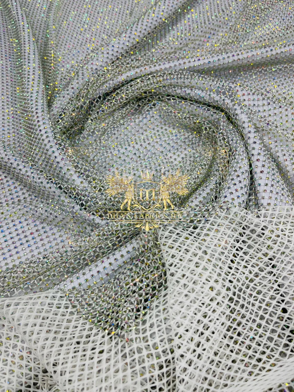 Fish Net Spandex Iridescent Rhinestone Fabric - Spandex Fish Net Rhinestones Fabric Sold by Yard