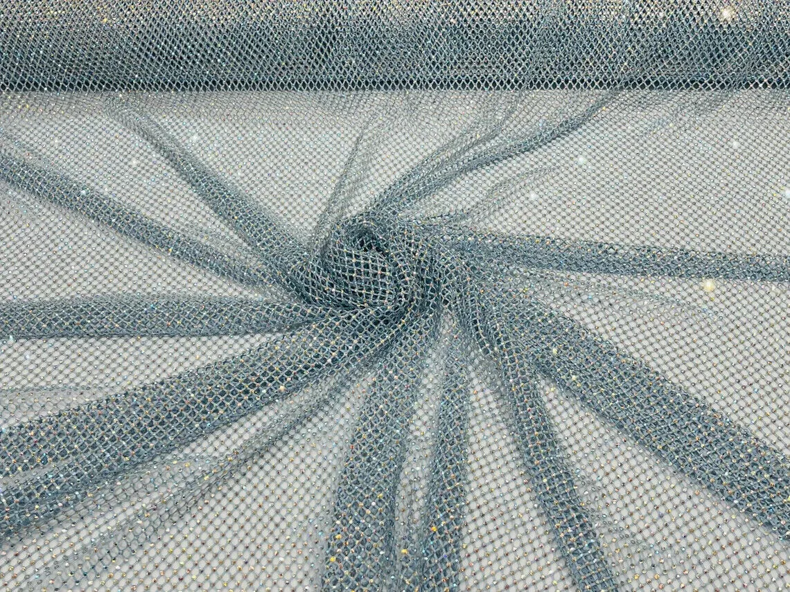 Fish Net Spandex Iridescent Rhinestone Fabric - Spandex Fish Net Rhinestones Fabric Sold by Yard