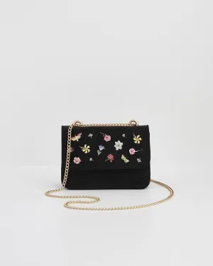 Floral Ditsy Embroidered Black Velvet Bag