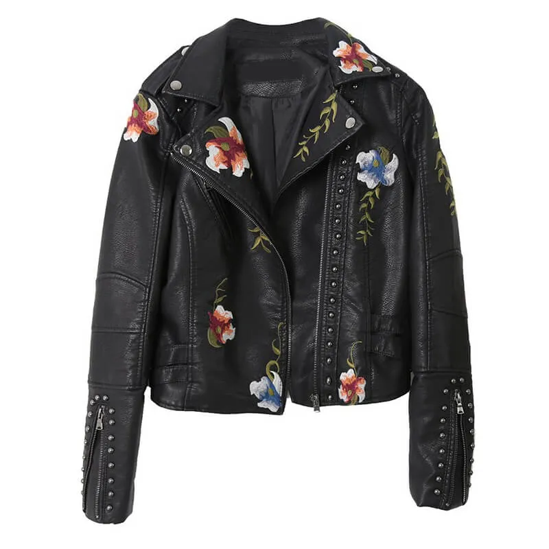 Floral Embroidered Studded Leather Biker Jacket