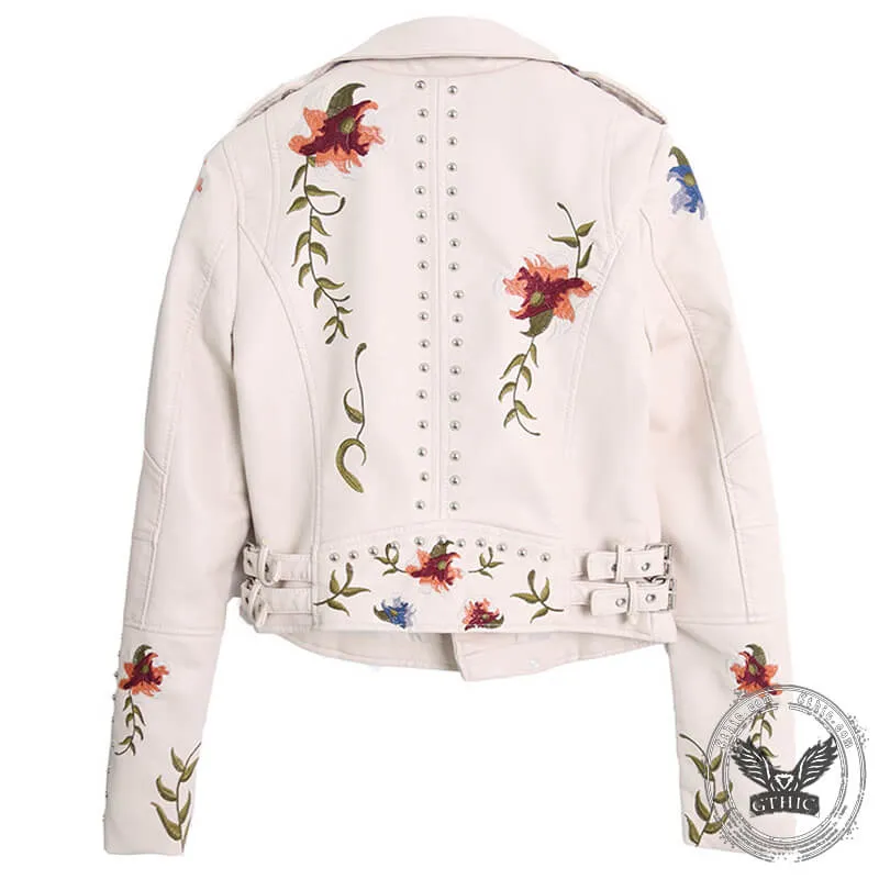 Floral Embroidered Studded Leather Biker Jacket