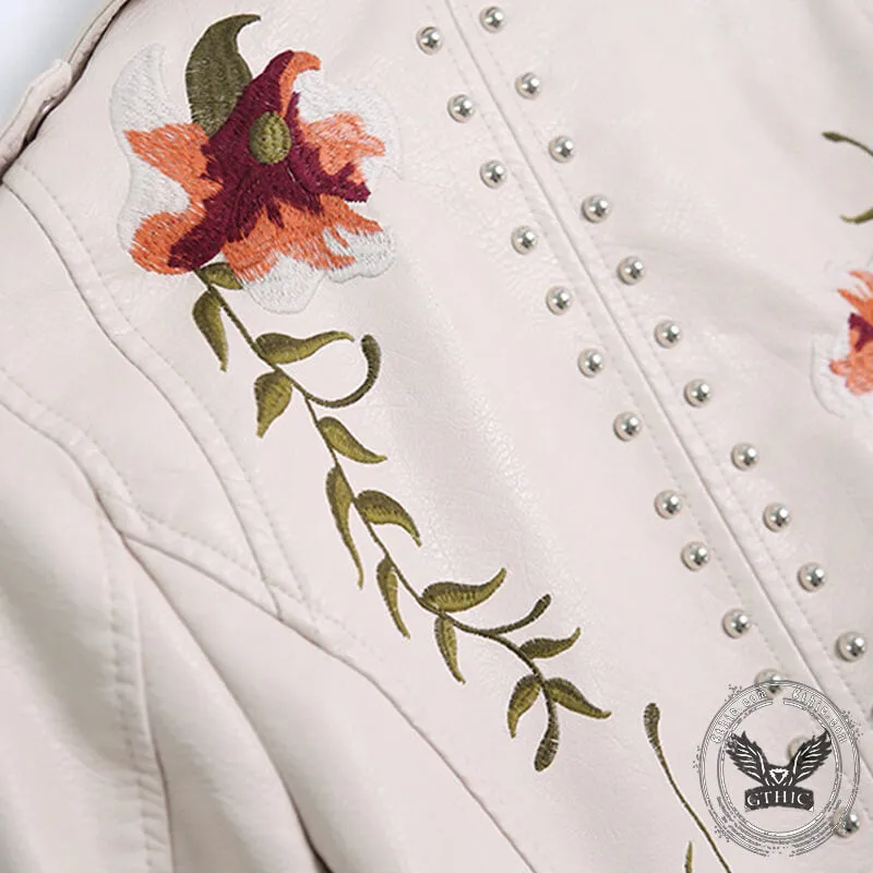 Floral Embroidered Studded Leather Biker Jacket