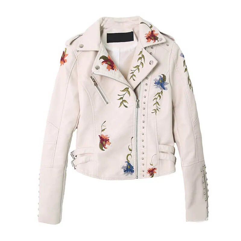 Floral Embroidered Studded Leather Biker Jacket