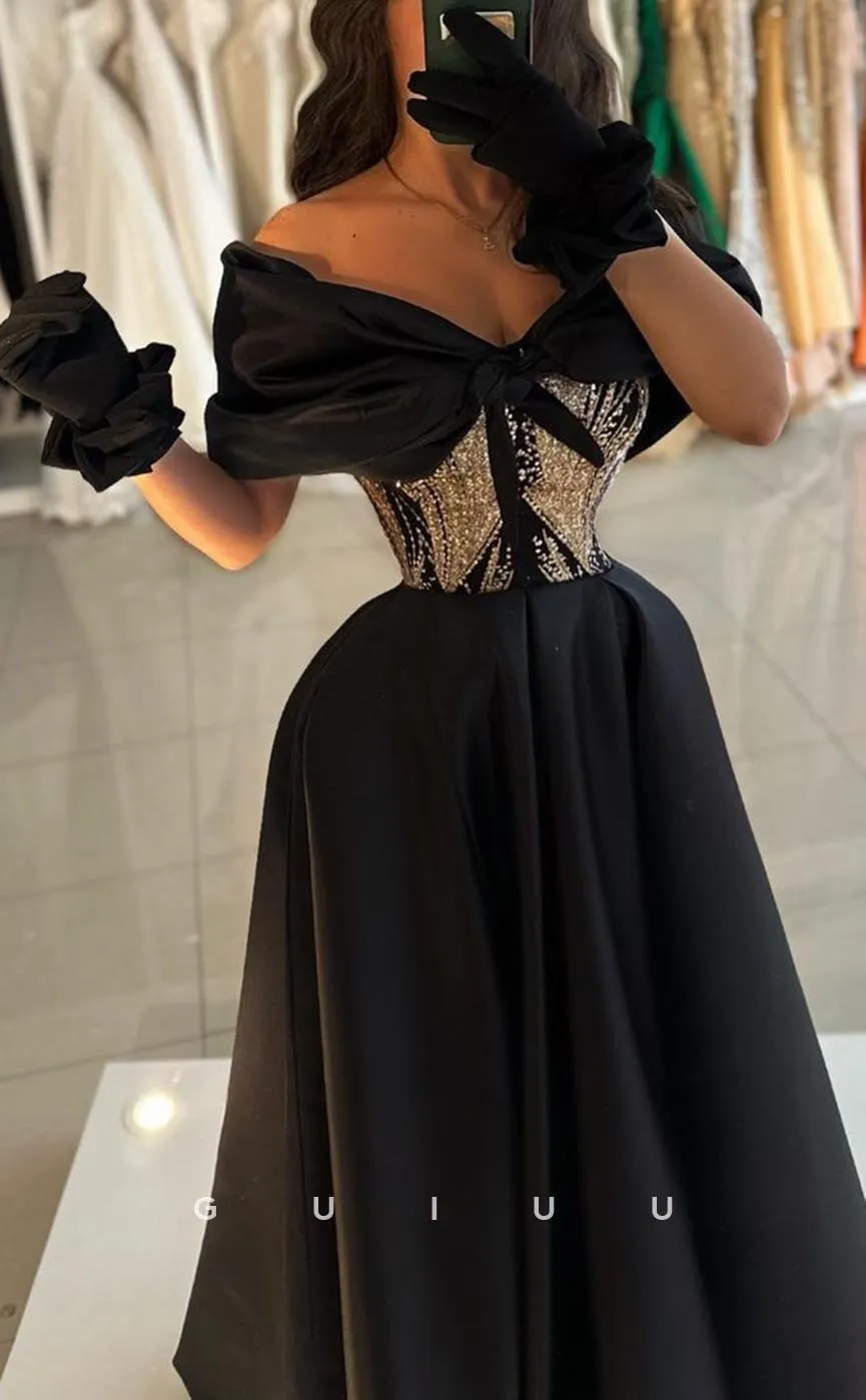 G3714 - Classic & Timeless A-Line Off Shoulder Beaded Long Party Gown Prom Dress with Gloves and Side Slit