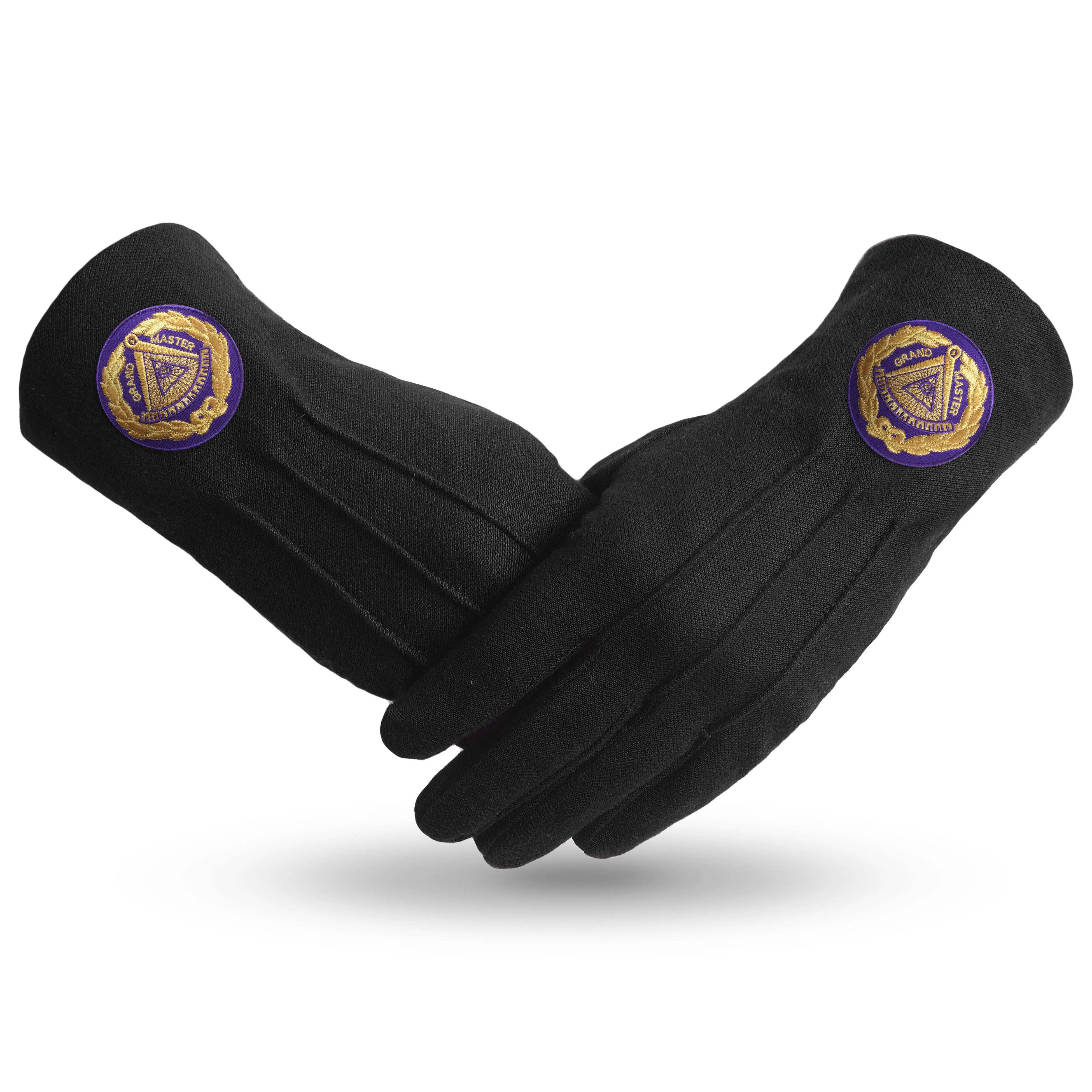 Grand Master Blue Lodge Gloves - Pure Black Cotton With Purple Patch