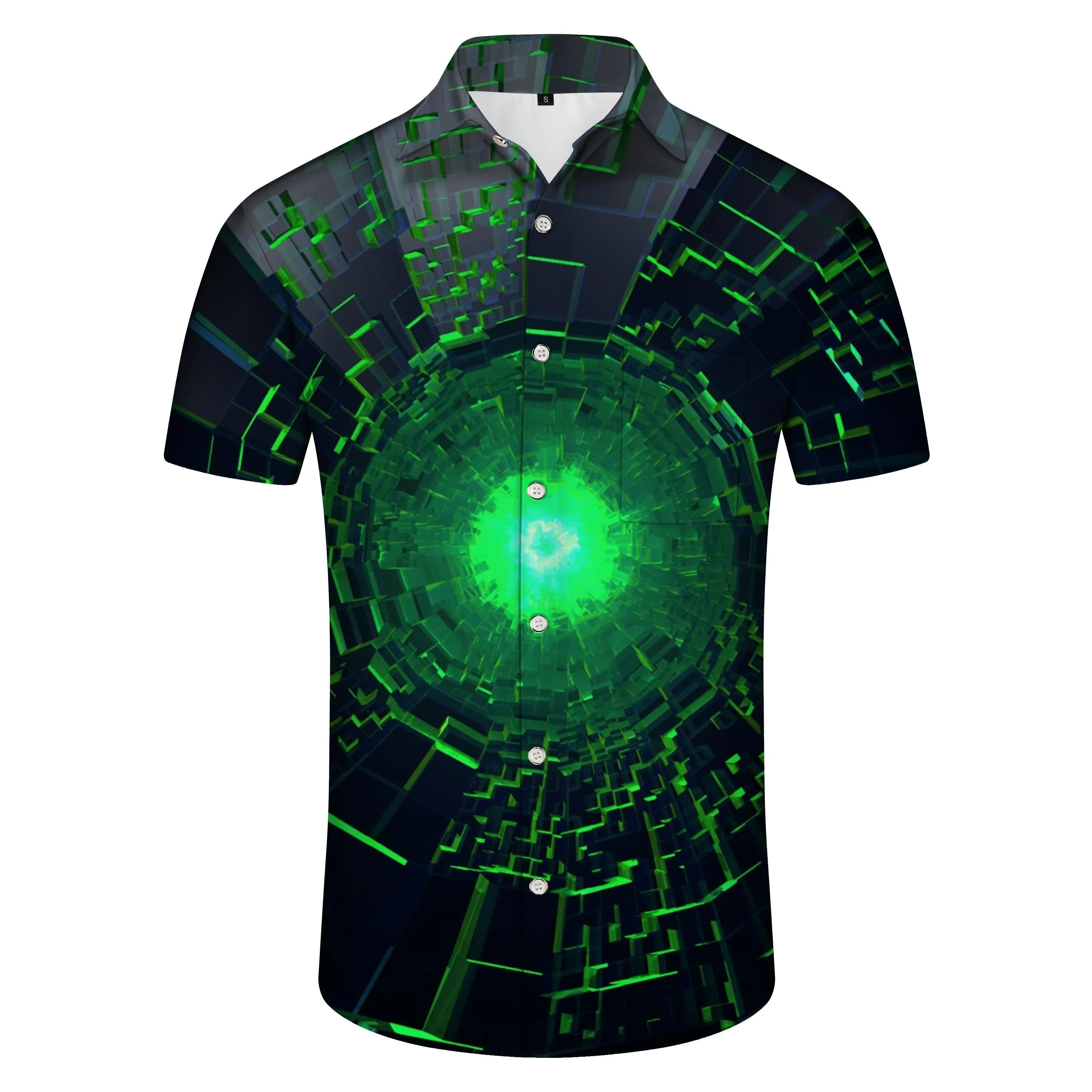 Green Space-Time Transfer Pattern Loose Men's Casual Print Abstract Geometric Shirt Short Sleeve Beachwear Hawaiian Button Men's Shirt