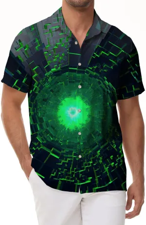 Green Space-Time Transfer Pattern Loose Men's Casual Print Abstract Geometric Shirt Short Sleeve Beachwear Hawaiian Button Men's Shirt