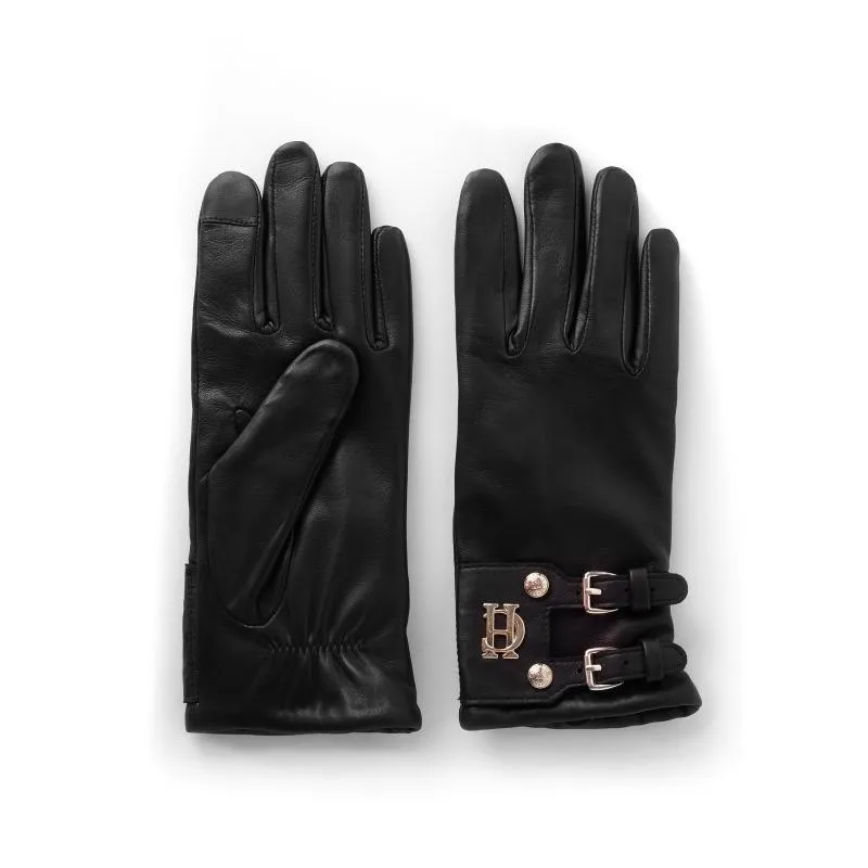 Holland Cooper Monogram Leather Ladies Wool Cashmere Lined Gloves - Black