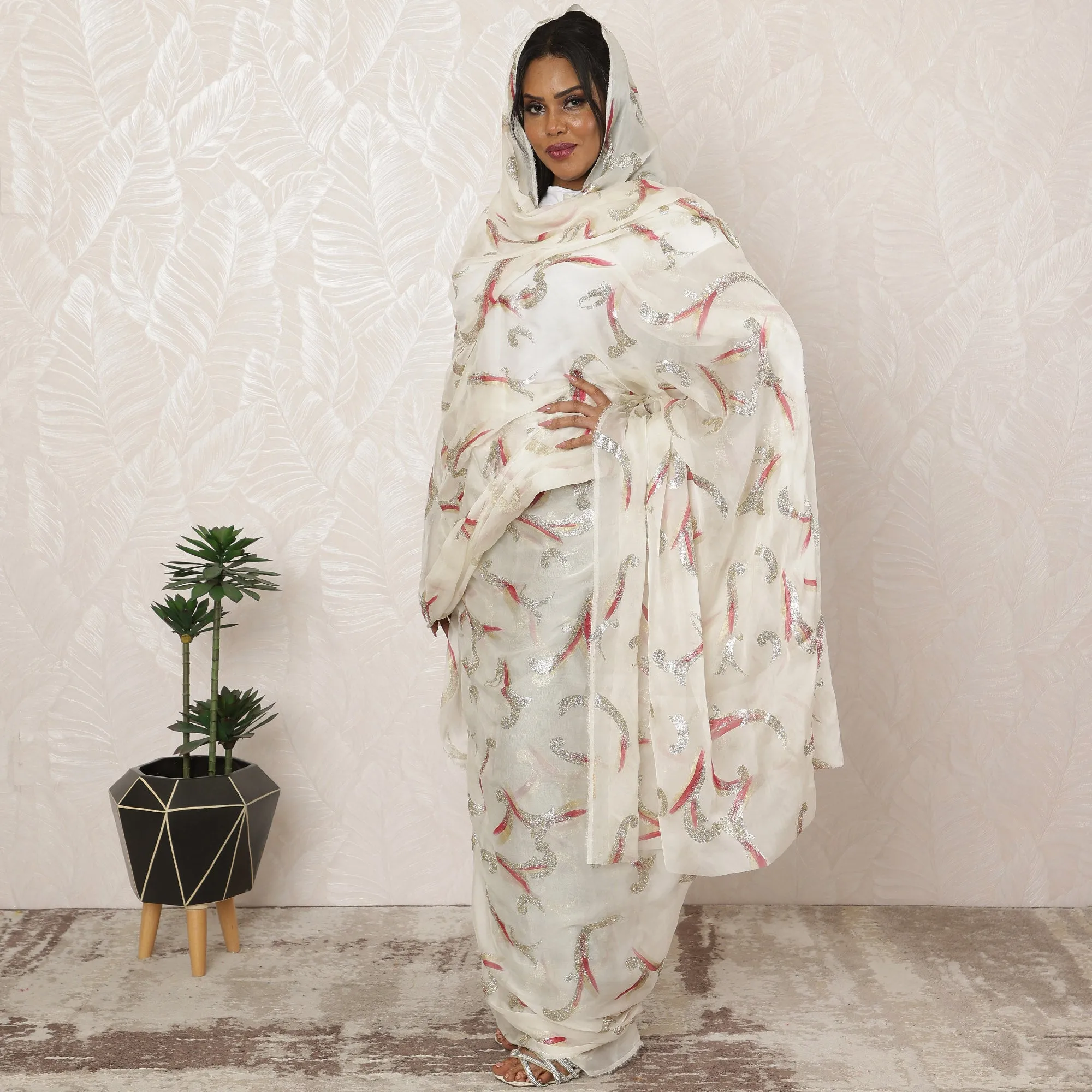 Ivory White Sudanese Thobe Fabric in Premium Silk Chiffon (Fransawi) with Glitter Accents, 4.5 Meters, 140 cm Width-D20393