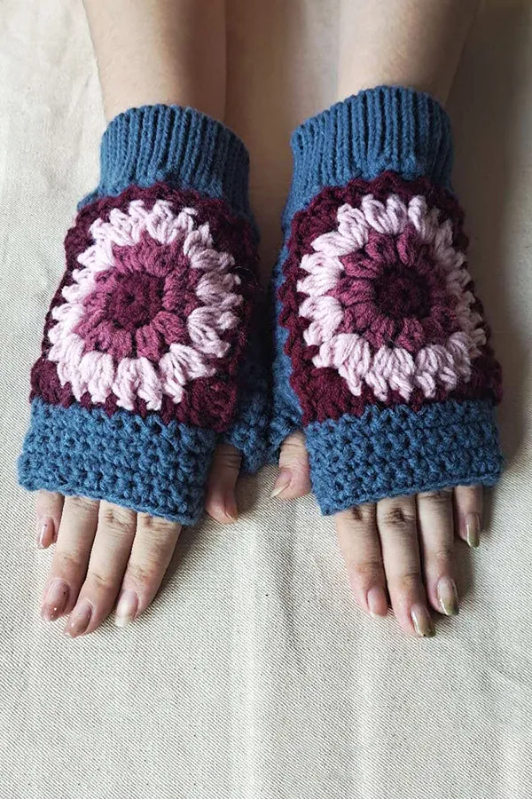 Knitted Sunflower Warm Half Finger Wool Gloves