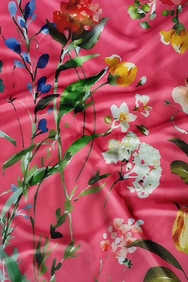 Large Floral Printed Salmon Pink Modal Satin Fabric